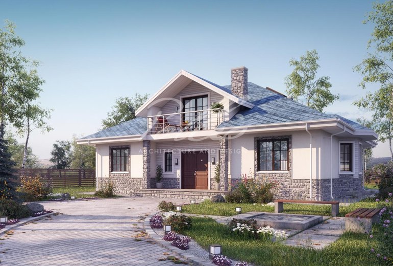 Projekt domu z poddaszem użytkowym o pow. do 170 m², z 5 pokojami, dużym salonem i wykuszem.