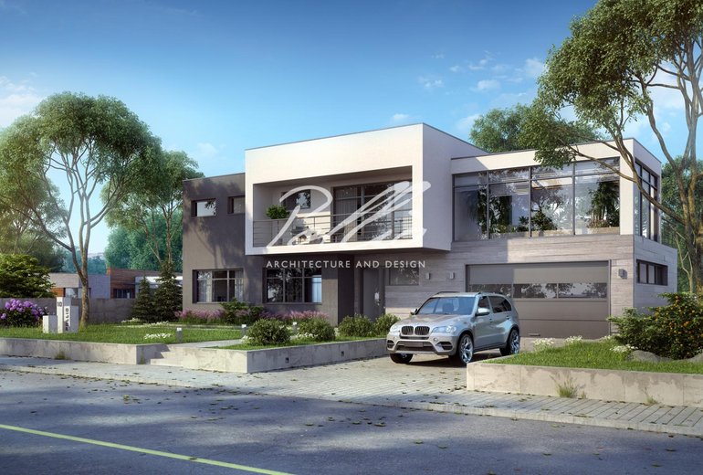 Projekt domu piętrowego z płaskim dachem, garażem, ogrodem zimowym i dużymi przeszkleniami.