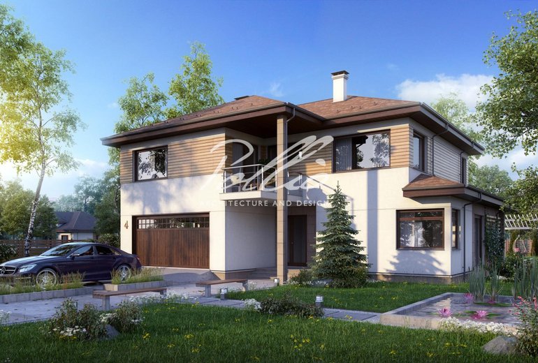 Projekt domu piętrowego z betonu komórkowego, z garażem, 3 sypialniami, tarasem i 2 balkonami.