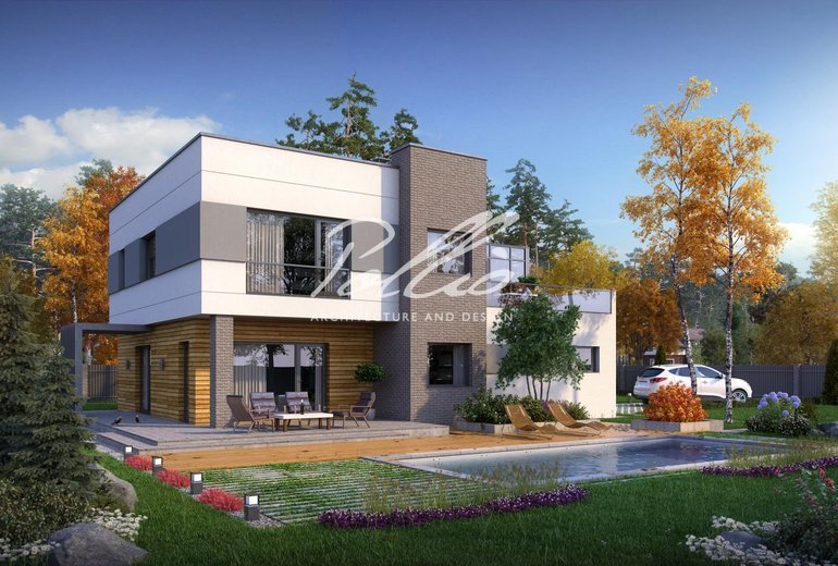 Projekt domu piętrowego z tarasem nad garażem, 4 sypialniami, dużym tarasem i ogrodem zimowym.