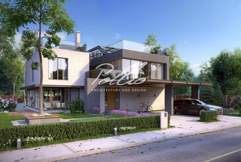 Projekt dużego domu o pow. do 350 m², z 4 sypialniami, tarasem na dachu płaskim i ogrodem zimowym.