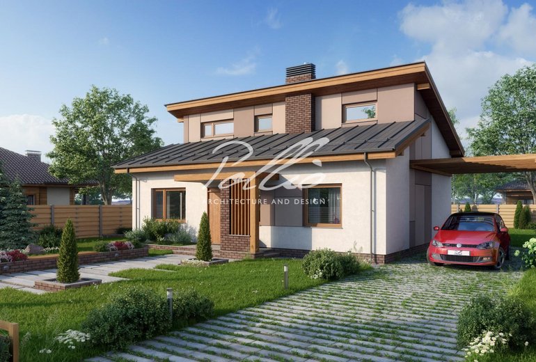 Projekt domu o powierzchni 120 m² z poddaszem użytkowym, gabinetem i 3 sypialniami.