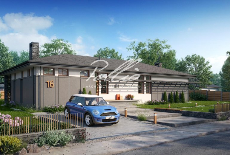 Projekt domu parterowego w kształcie litery L, do 150 m², z zamkniętą kuchnią i 3 sypialniami.