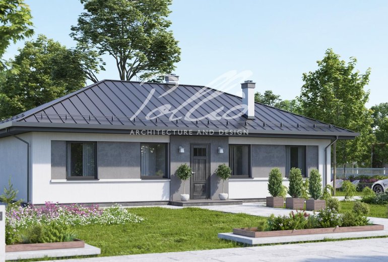 Projekt domu parterowego o pow. 100m2 z 3 sypialniami i dachem czterospadowym