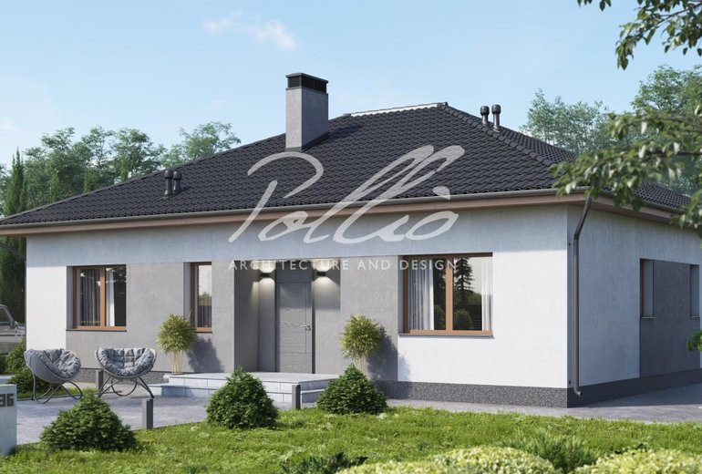 Projekt małego parterowego domu do 120 m2 z 2 sypialniami, gabinetem i tarasem