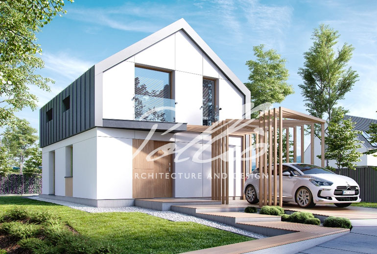 Projekt domu pasywnego piętrowego 100 m2 z betonu komórkowego z poddaszem użytkowym i 3 sypialniami