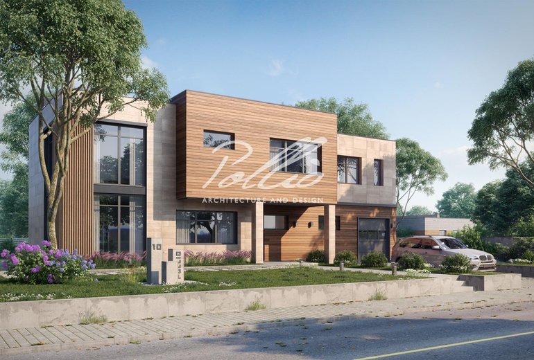 Projekt domu piętrowego z wysokim sufitem nad salonem i płaskim dachem