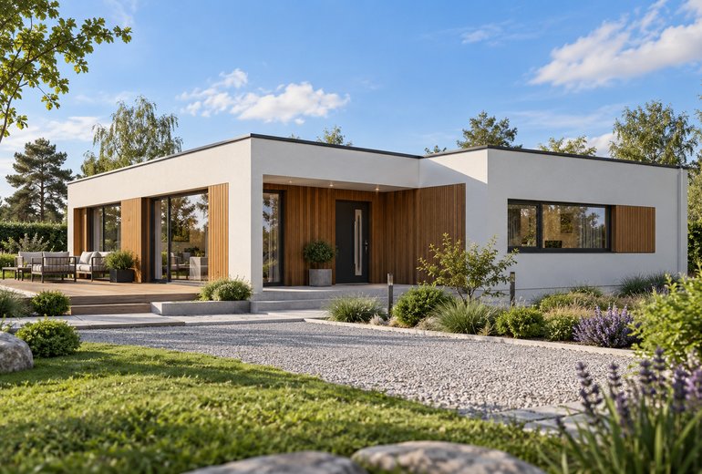 Projekt parterowego domu szkieletowego do 80m² w kształcie litery L z płaskim dachem i dużym tarasem