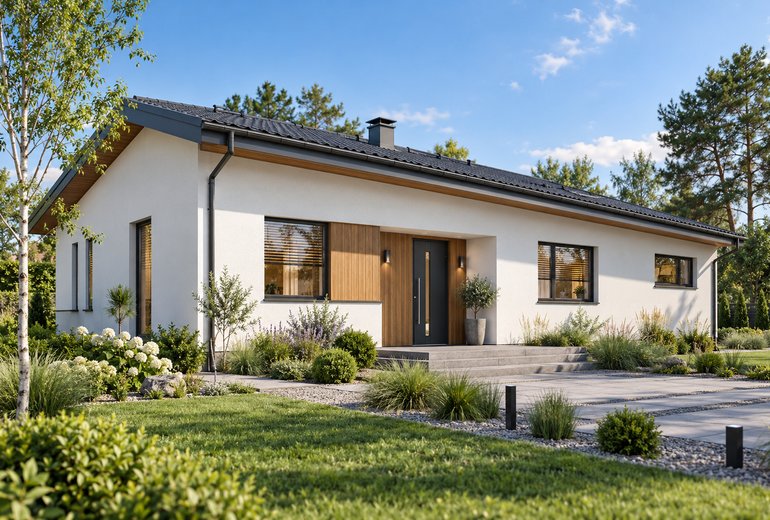 Projekt domu parterowego do 120m² z dachem jednospadowym, 3 sypialniami oraz dużym tarasem z tyłu