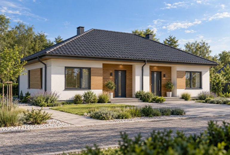 Projekt parterowego bliźniaka dwulokalowego z dachem czterospadowym, bez garażu