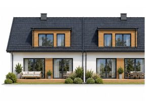 Xb5 - Projekt bliźniaka szkieletowego piętrowego o wymiarach z poddaszem użytkowym, garażem i 4 sypialniami / 7