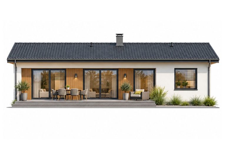 X47 - Projekt domu parterowego do 120m² z dachem jednospadowym, 3 sypialniami oraz dużym tarasem z tyłu / 5