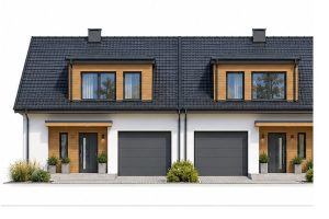 Xb5 - Projekt bliźniaka szkieletowego piętrowego o wymiarach z poddaszem użytkowym, garażem i 4 sypialniami / 5