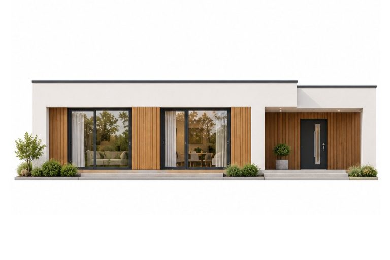 X43 - Projekt parterowego domu szkieletowego do 80m² w kształcie litery L z płaskim dachem i dużym tarasem / 4