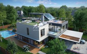 X8 - Projekt dużego domu o pow. do 350 m², z 4 sypialniami, tarasem na dachu płaskim i ogrodem zimowym. / 3