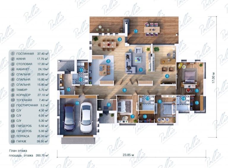 X12 - Projekt domu parterowego o powierzchni 260 m², z garażem, 3 sypialniami i dużym salonem. / 13