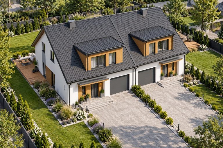 Xb5 - Projekt bliźniaka szkieletowego piętrowego o wymiarach z poddaszem użytkowym, garażem i 4 sypialniami / 4