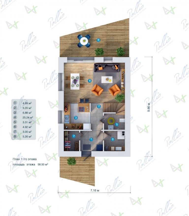P1 - Projekt domu pasywnego piętrowego 100 m2 z betonu komórkowego z poddaszem użytkowym i 3 sypialniami / 5