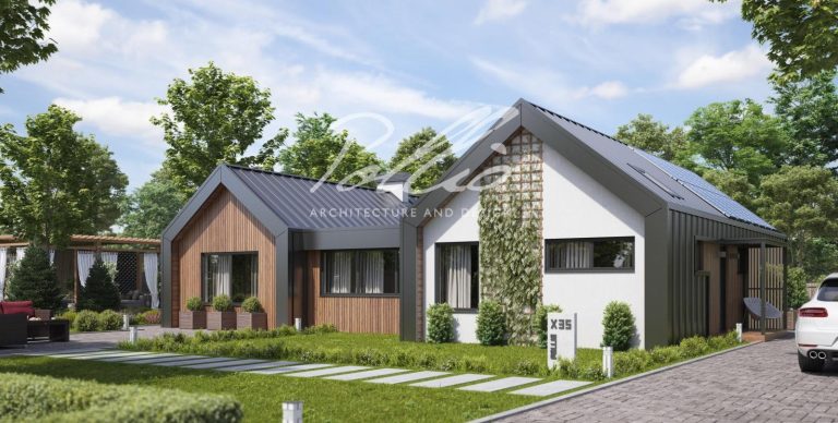 X35 - Projekt domu parterowego w kształcie litery U w stylu stodoły z pustką nad salonem / 2