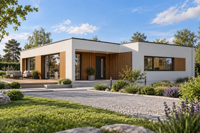 X43 - Projekt parterowego domu szkieletowego do 80m² w kształcie litery L z płaskim dachem i dużym tarasem / 1