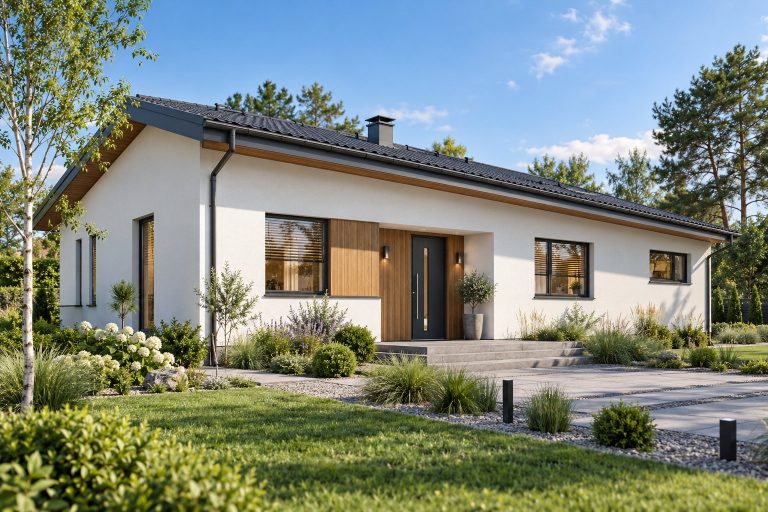 X47 - Projekt domu parterowego do 120m² z dachem jednospadowym, 3 sypialniami oraz dużym tarasem z tyłu / 1